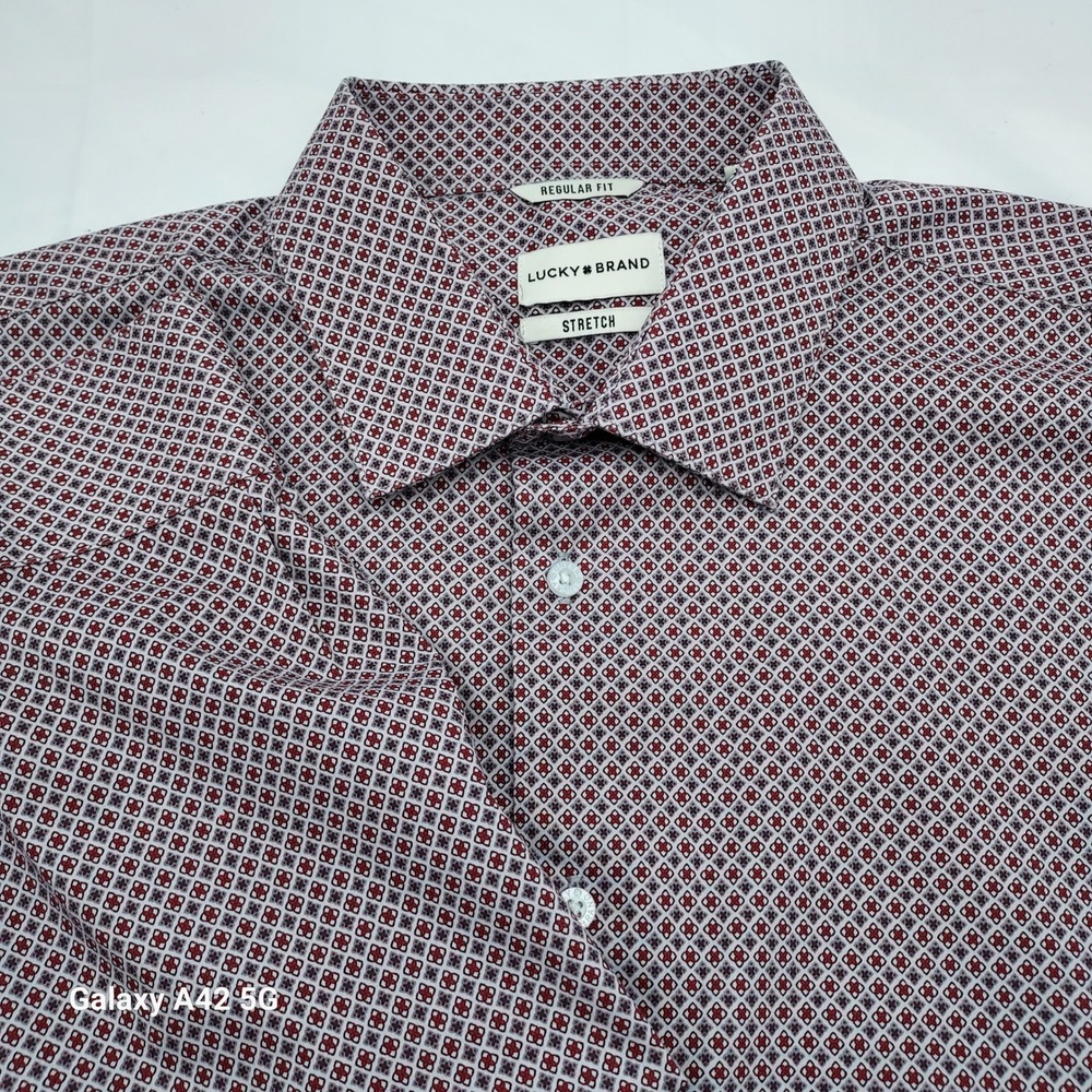Lucky Brand Mens Regular Fit Stretch Button Down Shirt Geometric Print Red L‎
